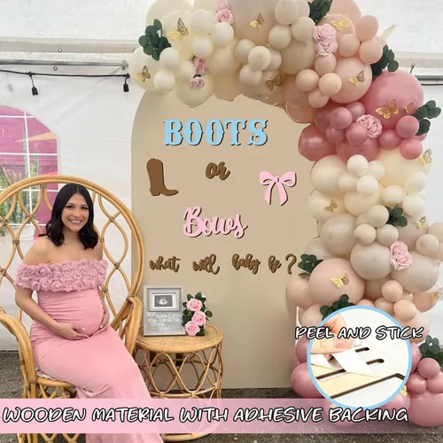 Vista 4 de Adhesivos de madera para señalización de revelación de género, arco de globos "¿Qué será el bebé?", botas o lazos, suministros de decoración