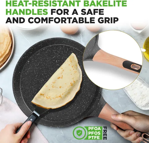 Vista 4 de NutriChef - Sartén para crepes de 24 cm (9.45 pulgadas) antiadherente con esparcidora de madera, sartén Dosa de mármol recubierto duradero, mango