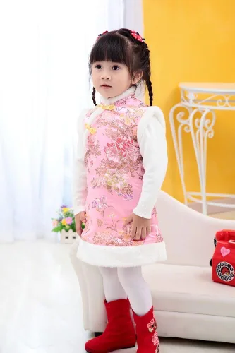 Vista 3 de Hooyi Invierno chino estilo chica vestido algodón sin mangas niños cheongsam bebé niñas Qipao