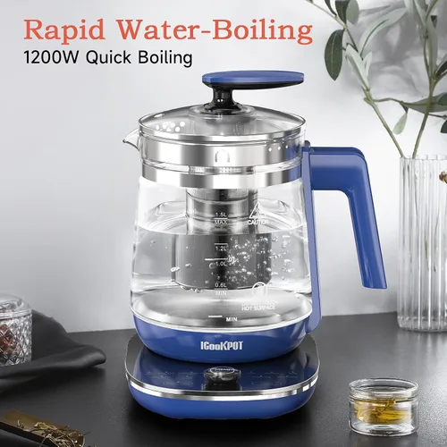 Vista 2 de Hervidor Eléctrico de Vidrio Caliente con Infusor de Té y Control de Temperatura, Tetera de Acero Inoxidable de 1.5L y Hervido Rápido de 1200W, Azul