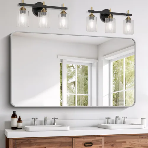 Vista 24 de FORBATH - Espejo de baño negro para sobre lavabo, espejo de pared de 16x24 pulgadas con marco de metal, esquinas redondeadas para baño, dormitorio