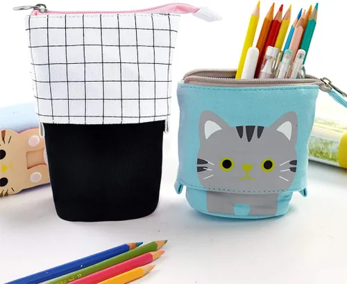 Vista 2 de iSuperb - Portalápices convertible para soporte y almacenamiento, de lona y poliuretano, con caricatura de gato adorable; cartuchera telescópica