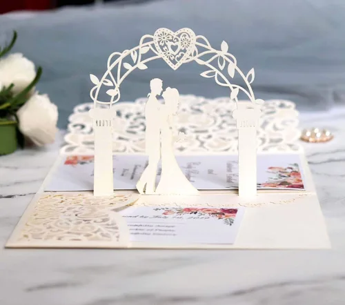 Vista 9 de NC Paquete de 10 invitaciones de boda desplegables en 3D doradas, elegantes tarjetas de aniversario de diseño de novia y novio para celebraciones