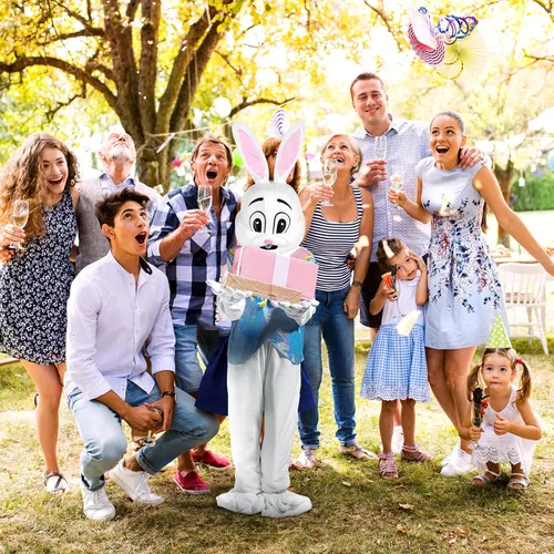 Vista 7 de Syhood Disfraz de conejo de Pascua para adultos, disfraz de conejo blanco, disfraz de mascota para hombres y mujeres, suministros de fiesta