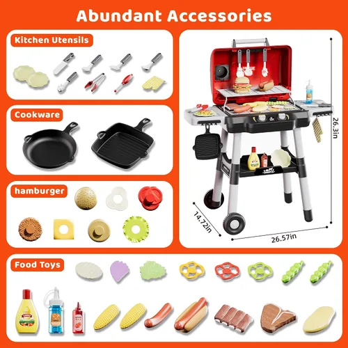 Vista 8 de Juguetes de cocina para niños, juego de parrilla BBQ para niños, juguete de barbacoa de 2 niveles con ruedas, sonido de humo y luz, juego