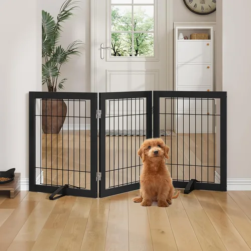 Vista 31 de Semiocthome Puertas de bambú para perros para interiores, puertas independientes de 2 paneles para cachorros para la casa con 2 soportes de metal