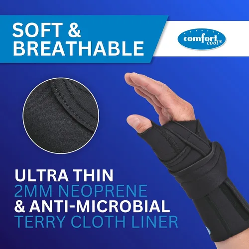 Vista 2 de Comfort Cool Muñequera con soporte para el pulgar, férula de restricción CMC para alivio de artritis y tendinitis, negro, mano izquierda, pequeña