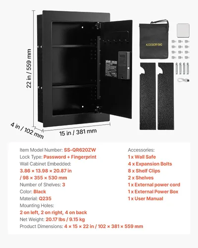Vista 7 de VEVOR Caja fuerte de pared oculta de 3 niveles con huella digital, contraseña, llave y perilla giratoria, Q235 caja de pared de acero laminado