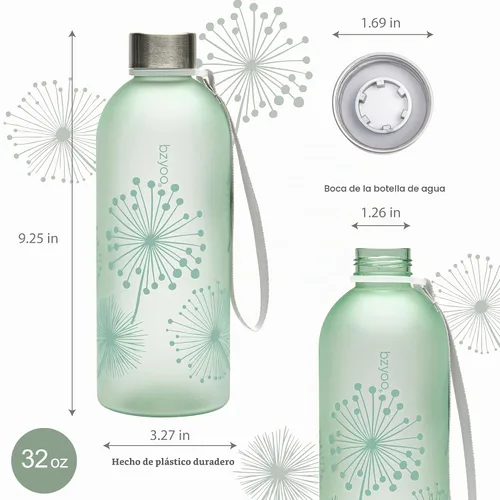 Vista 4 de bzyoo - Botella de agua de 32 onzas / 1 litro con marcador de tiempo, diseño de diente de león, plástico duradero, sin BPA, reutilizable con marcas