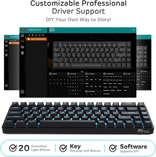 Vista 6 de RK ROYAL KLUDGE RK68 Teclado mecánico inalámbrico intercambiable en caliente al 65%, teclado compacto Bluetooth para juegos con flecha