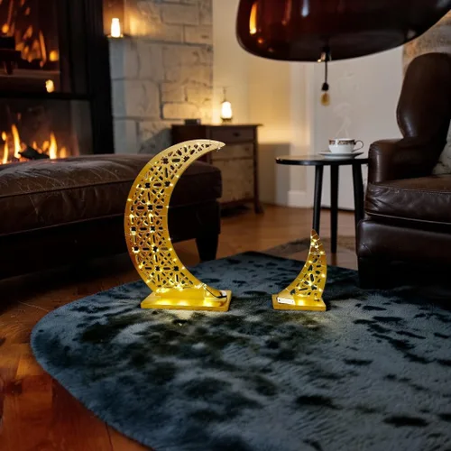 Vista 9 de Soporte de luz de estrella de luna de ramadán, luces nocturnas de bienvenida de Ramadán, decoración de árbol de media luna, decoración de mesa 2 pzas