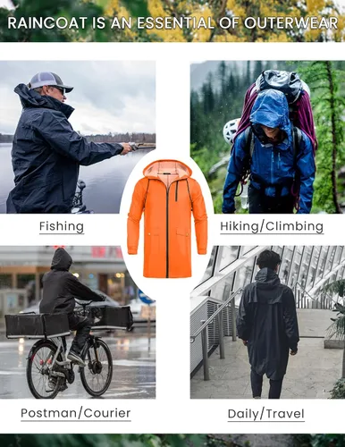 Vista 14 de COOFANDY Chubasquero largo para hombre, chaqueta impermeable para exteriores, con capucha