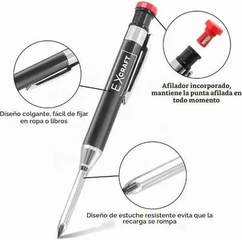 Vista 3 de Lápiz de carpintero mecánico de metal EXcraft rojo con agujero profundo con sacapuntas integrado para arquitecto, construcción, carpintería