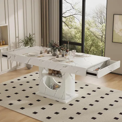 Vista 11 de Mesa de comedor para 4-6 personas, mesa de comedor de 55 pulgadas con cajones y almacenamiento abierto, base de pedestal de madera, mesa rectangular