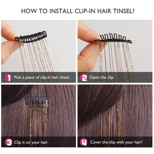 Vista 3 de Extensiones de oropel para el cabello con clip Bronce con reflejos para el cabello 52 cm 6 piezas, cabello de hada multicolor, oropel sintético