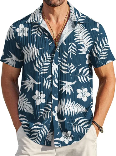 Vista 36 de COOFANDY - Camisas de botones casuales para hombre, de manga corta, con textura, camisa de playa de verano con bolsillo
