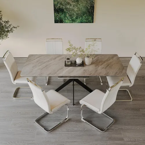 Vista 17 de Mesa de comedor de mármol para 4-8, mesa de comedor extensible de 62.4 a 78.15 pulgadas, mesa de cocina moderna, mesa rectangular que ahorra espacio