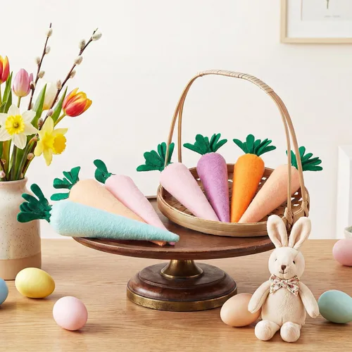 Vista 6 de Skylety 8 piezas de decoración de zanahorias artificiales de Pascua, tela falsa, zanahoria, rústica, no tejida, rellenas, verduras de temporada