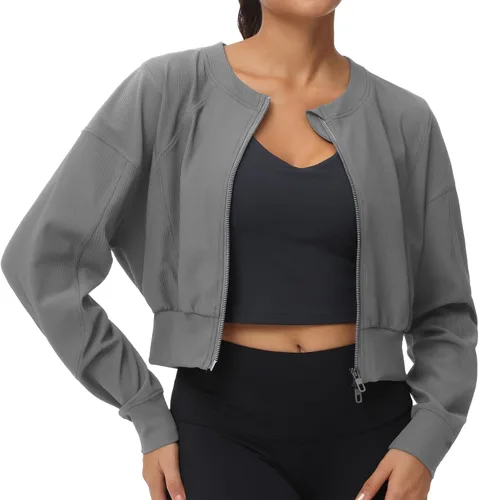 Vista 4 de THE GYM PEOPLE Chaquetas cortas para mujer, con cremallera completa, manga larga, acanaladas, sudaderas de entrenamiento, ligeras, casuales
