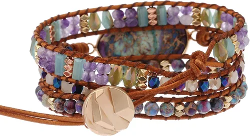 Vista 3 de Plumiss Colección de pulseras de cuentas de cuero de cristal natural hechas a mano para mujer