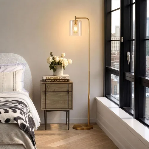 Vista 3 de [Renovado] Brightech Elizabeth - Lámpara de pie LED para dormitorio y sala de estar, lámpara alta con pantalla de vidrio y bombilla Edison, lámpara
