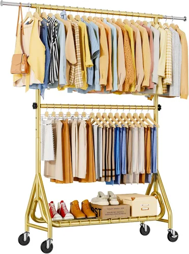 Vista 9 de Perchero resistente para colgar ropa, estante para ropa con dobles varillas y ruedas bloqueables, perchereros enrollables de metal resistentes