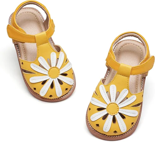 Vista 25 de Sandalias de verano para niñas con puntera abierta, sandalias planas de princesa con suela cómoda D742 Oro
