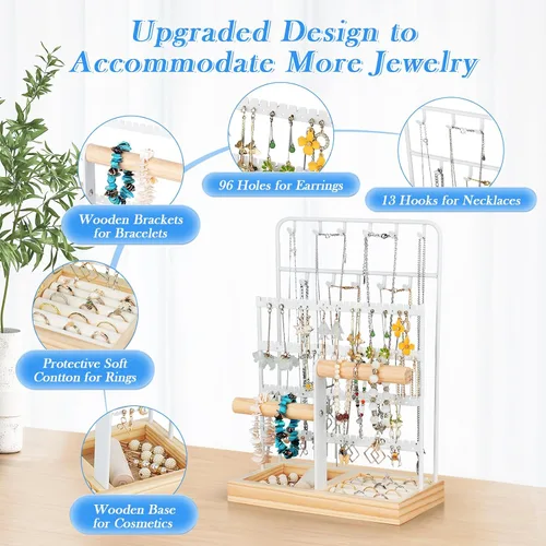 Vista 2 de Jewelry Organizer, Earring Holder Organizer Jewelry Stand with Tray, 8-Tier Jewelry Display Rack with 13 Hooks for Necklace Bracelet, 96 Holes for
