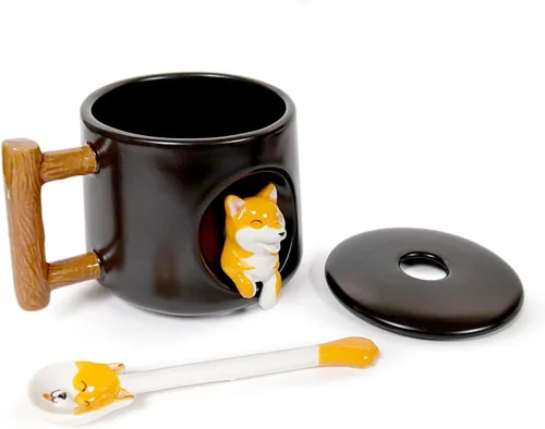Vista 2 de Lindo perro cerámica taza mango madera diseño con cuchara y tapa (negro)