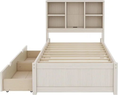 Vista 9 de SOFTSEA Twin Size Kids Bed Frame with Storage Drawers, Wood Platform Bed with Storage Headboard and Charging Station, No Box Spring Needed, Cream