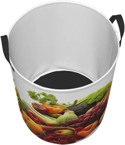 Vista 3 de Cesta circular con estampado de verduras y frutas, impermeable, cesta organizadora de ropa, con asas, para ropa, juguetes, pequeña