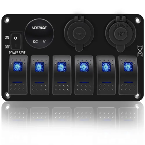 Vista 2 de FXC Panel de interruptor basculante de barco marino impermeable de 6 bandas con enchufe de ranura USB doble de 3.1 A + encendedor de cigarrillos +