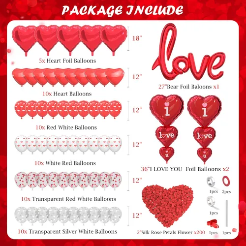 Vista 2 de Kit de globos para el día de San Valentín, globos con texto en inglés "I Love You", globos de corazón blanco y rojo, pétalos de rosa para el día