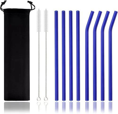 Vista 11 de JASHII Pajitas de vidrio reutilizables, pajitas transparentes de 7.87 x 0.3 pulgadas con cepillo limpio, estuche de viaje negro para bebidas Azul