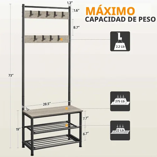 Vista 3 de Yaheetech Perchero, árbol de pasillo con banco de zapatos, almacenamiento de zapatos de entrada con perchero, 9 ganchos móviles, muebles de entrada