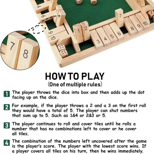 Vista 7 de Ropoda Juego de madera para cerrar la caja (2-4 jugadores), tablero grande de 4 lados, 8 dados, reglas, divertido juego de adición para niños