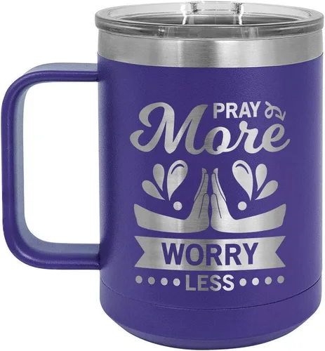 Vista 6 de PRAY MORE WORRY Less 15 oz taza de café con tapa superior deslizante Taza de café de viaje aislado Ideas de regalo de cumpleaños o Navidad