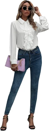 Vista 5 de SheIn Blusa de gasa de manga larga con botones y volantes de loto para mujer