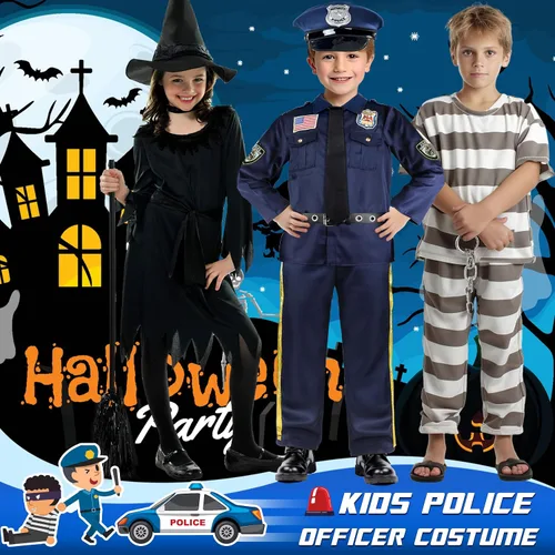 Vista 7 de Disfraz de oficial de policía para niños, uniforme de policía para niños, disfraces de Halloween para niños y niñas, disfraz de policía, kit