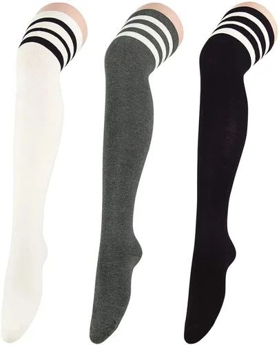 Vista 2 de Zando Calcetines altos hasta la rodilla para mujer, calcetines altos hasta la rodilla, calcetines largos a rayas, medias altas hasta el muslo