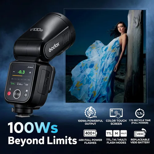 Vista 3 de GODOX V100 C Godox Flash para Canon - Flash TTL de 100Ws para cámaras Canon EOS, control de pantalla táctil, 400 destellos de potencia completa