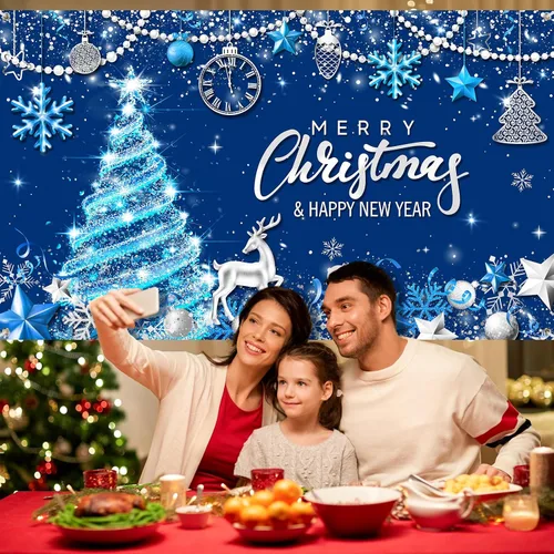 Vista 5 de Tiamon Telón de Fondo Banner de Fiesta Feliz Navidad para Decoración de Fiesta de Navidad y Año Nuevo (Azul Dorado, 72.8 x 43.3 Pulgadas)