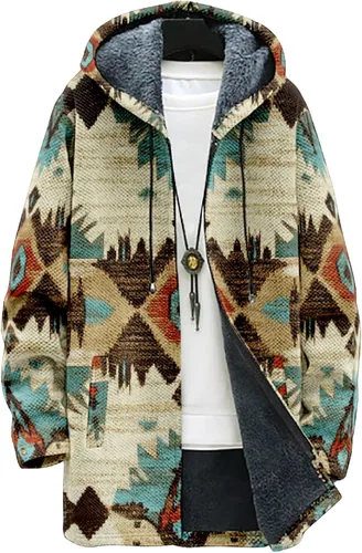 Vista 6 de Chaqueta de forro polar con capucha para hombre, con estampado azteca, de algodón pesado, con cremallera, manga larga, chaqueta con capucha