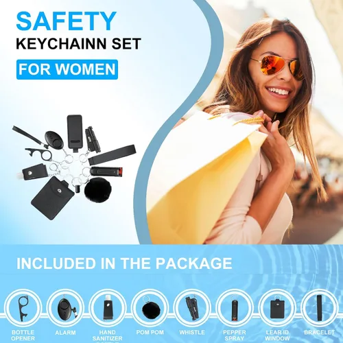 Vista 3 de XGLIAO Juego de llaveros para mujer con alarma, llavero de seguridad 9 en 1, regalo para mujeres y niñas, mamá, hija (negro)