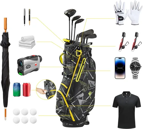 Vista 4 de Bolsas de soporte de golf Geesee con divisores de 4 vías en la parte superior, cubierta contra la lluvia, capucha protectora solar y bolsas de golf