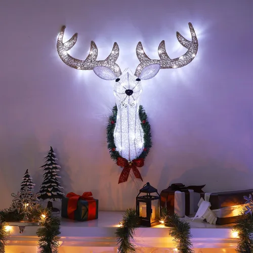 Vista 5 de WATERGLIDE Cabeza de reno iluminada para decoración de pared, 28 pulgadas, corona colgante de Rudolph 3D preiluminada con pilas, 8 modos