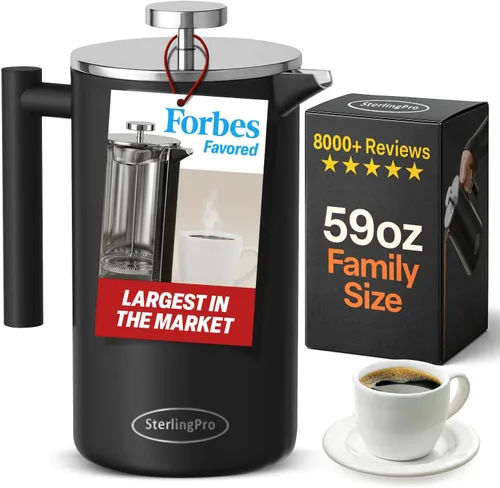 Vista 8 de SterlingPro Cafetera de prensa francesa de acero inoxidable, grande, 1 L (34 onzas), color negro, prensa de café duradera con aislamiento de doble