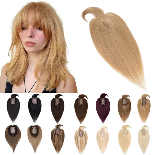 Vista 25 de SEGO Toppers para el cabello para mujer, cabello humano real con flequillo, 2.8 x 5.1 in, base de seda, 100% cabello humano Remy, clip en la parte