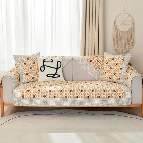 Vista 2 de vctops Funda de sofá de algodón suave con diseño de retazos, estilo granja, antideslizante, acolchada, para sala de estar, lavable, protector
