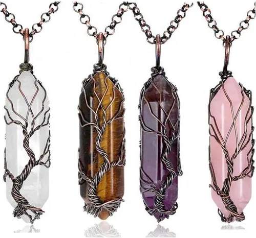 Vista 2 de Collar con colgante de alambre de piedra de cristal curativo punta hexagonal árbol de la vida joyería de reiki para mujeres y niñas PH18B ópalo